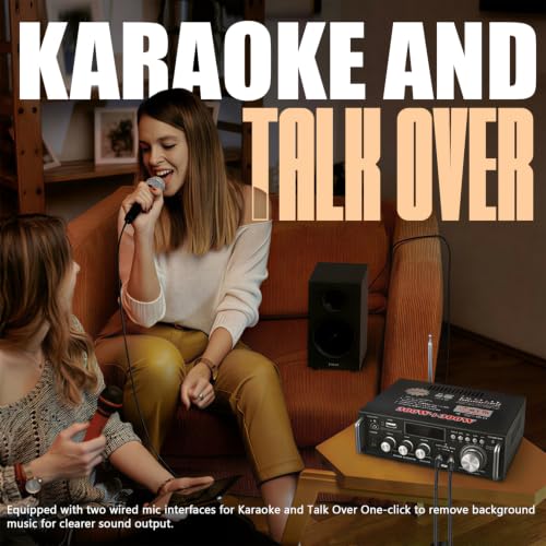 Image of FABTEC 2-Channel Karaoke Home Amplifier with Bluetooth 5.0, 300W + 300W High Power Output, USB /FM Playback, Dual Microphone Inputs, Bass & Treble Adjustment, Remote Control Included