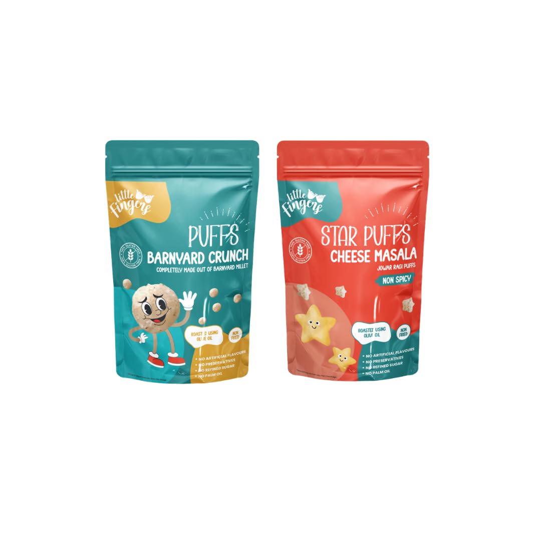 Little Fingers Millet Based Healthy Gluten Free High In Fiber Assorted Snack Combo | Non-Spicy | No Maida | Baked Not Fried | Healthy Munching Option - Barnyard Millet Crunch Puffs & Millet Star Puffs-picture-10