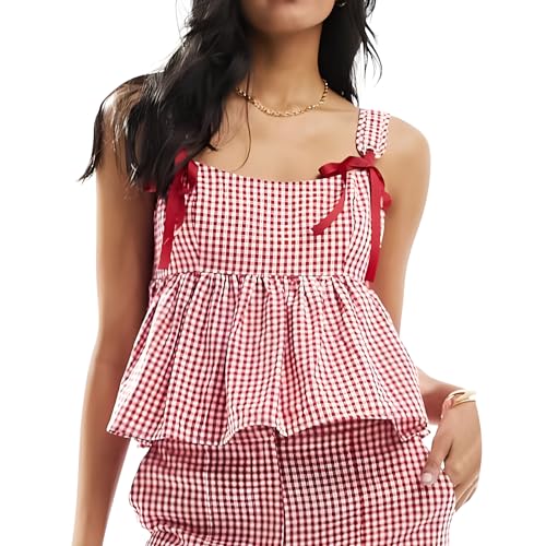 Women Y2k Plaid Tank Top Spaghetti Strap Peplum Camisole