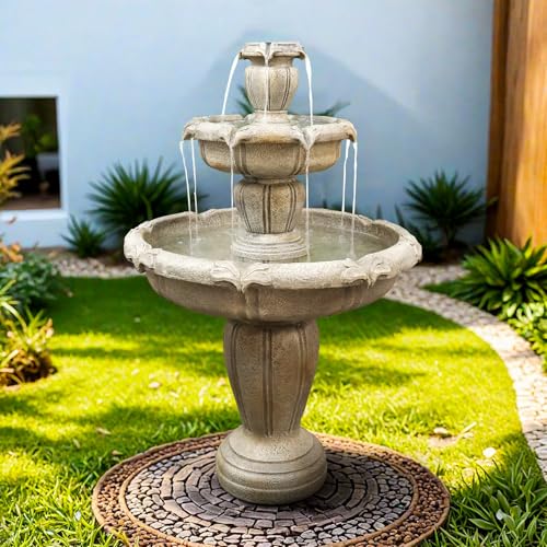 Image of SunJet 48 inch High Modern Concrete Outdoor Water Fountain - 3 Tiered Large Floor Water Fountain and Waterfalls with Electric Pump for Garden, Patio, Yard, and Deck Decor, Featuring Natural Stone Look