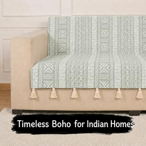 Image of STITCHNEST 'Verdant Bohemian Stories' 2 Seater Sofa Cover - Full Coverage| Elegant Jacquard Fabric, Decorative Tassels, Washable & Durable for Modern Living
