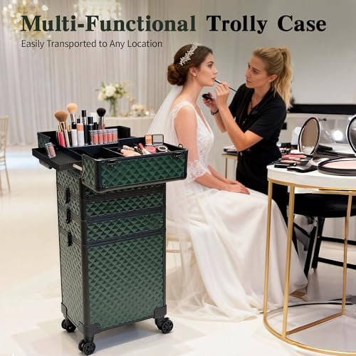 Image of 5 in 1 Rolling Makeup Train Case on Wheels Large Cosmetic Organizer Travel Cart for Women Beauty Salon Barber Hairstylist Green