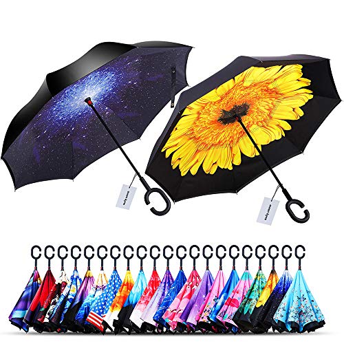 owen kyne 2 Pack Windproof Double Layer Folding Inverted Umbrella, Self Stand Upside-down Rain Protection Car Reverse Umbrellas (Starry Sky+Sunflower)