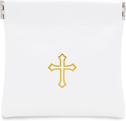 Bolsa de rosario con tapa apretable, piel sintética blanca con impresión cruzada