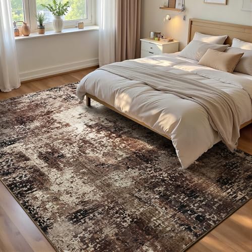 Best Color Rug for Brown Leather Couch: Top Cozy and Stylish Picks 4 Ompaa Living Room Rug 5x7 Brown Area Rug Machine Washable Boho Coffee Rug Non Slip Abstract Vintage Indoor Large Rugs for Bedroom, Classroom, College Dorm, Farmhouse, Dining Room, Kids Playroom