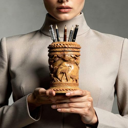 Image of Craft Trade 13x8 Cm Wooden Hand Carved Pen Stand Pencil Holder - Brown Elephant