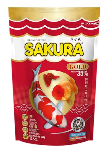 Image of Sakura Gold Super Premium Fish Food with Vitamin Complexes + Krill & Astaxanthin in Medium 4 Mm Pellet 1 Kg,Adult