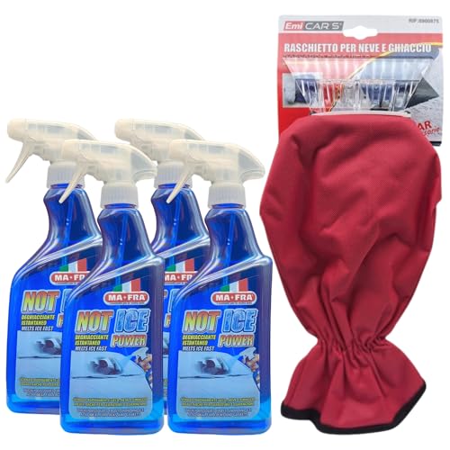 SET PER AUTO: Deghiacciante Spray Istantaneo NOT ICE POWER, Scioglie Rapidamente Gelo, Neve e Ghiaccio. Ideale Anche Per Serrature e Guarnizioni 500ml + Raschietto a Guanto (4xSpray+Raschietto)
