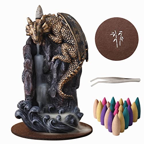 MAKOUYU Dragon Backflow Incense Holder Waterfall Incense Burner with 100 Backflow Incense Cones 1 Mat 1 TweezersAromatherapy Ornamental for Home Office Yoga Golden Dragon