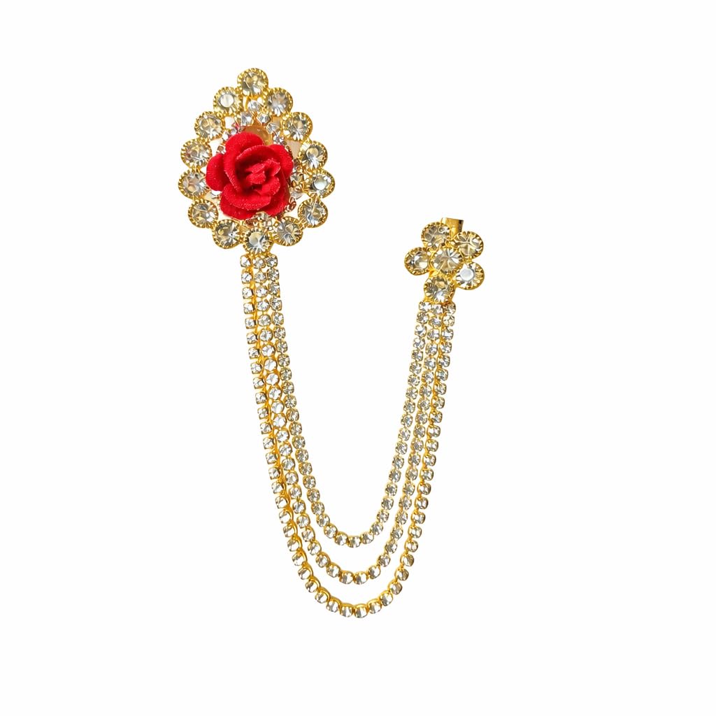 Gold Plated Floral Brooch Chain for Men | Rose Design Suit Lapel Pin with Crystal Chains | Wedding, Party & Formal Coat Pocket Accessory