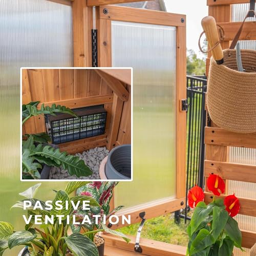Backyard Discovery Willow 9' x 6' Cedar Wood and Polycarbonate Walk-in Greenhouse Kit with Exhaust Fan, Windows, Hose Hook-Ups, PowerPort, Staging Shelves for Year-Round Outdoor Gardening - image 7