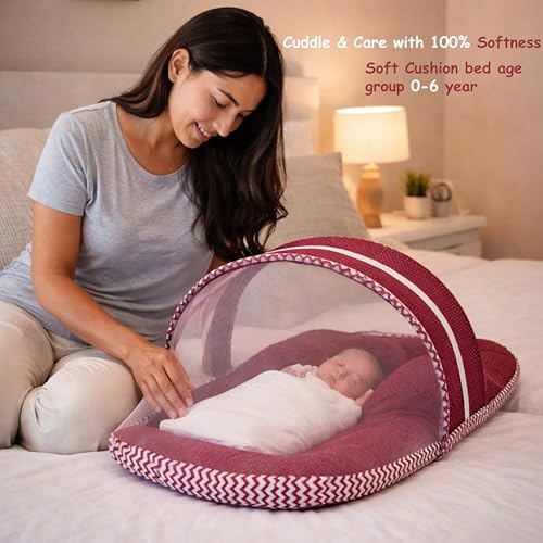 Image of Fareto Combo of Baby Bed with Net | Carry Bag | 4 Pcs Bedding Set (0-6 Months, Baby Size, Cotton) (Red Polka)