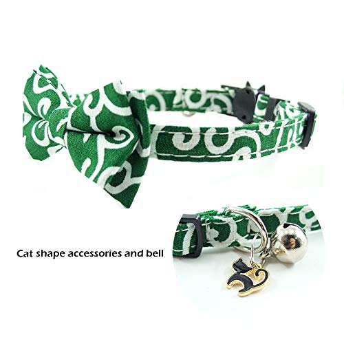Image of Cat Collar Breakaway with Bell and Accessories, Printing Kitten Collar Bowtie for Kitty 10 Colors Adjustable 7.5-11in (Green Flower)