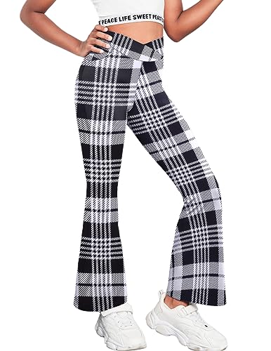 Catálogo de Ropa de Acampada y marcha para Niña los mejores 10. 39 Zaclotre - Leggings acampanados para niñas, cintura alta, cruzados en V, casual, para yoga, con bolsillos, pantalones para niños, Cuadros Blanco y Negro, 11-12 Años