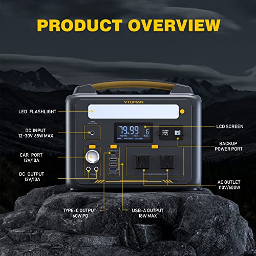 VTOMAN Jump 600X Portable Power Station with 110W Solar Panel, 600W/299Wh LiFePO4 Battery Solar Generator with 600W Constant-Power, PD 60W Type-C, Capacity Expandable 939Wh for Camping, Home Backup