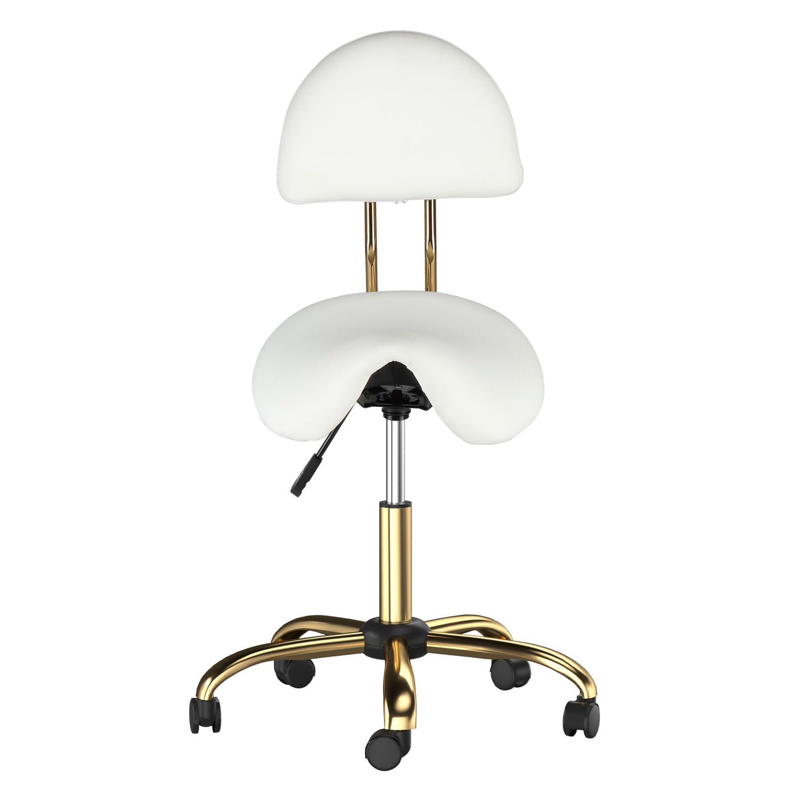 Bonnlo Tabouret de Selle, Tabouret à roulettes Réglable en Hauteur, Tabouret de Bureau Rotation à 360°, Revêtement en PU (Blanc + Or, avec Dossier (66P x 66l x 91H cm))