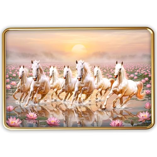 Image of Vastu 7 Seven Running Horse Photo Frame, Golden Slim Frame, Sparkle Coated Lamination, 30x45 cm (Design 4)