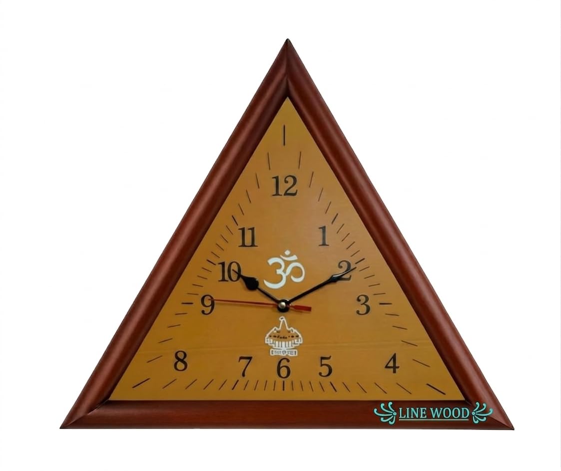 Antique Wooden Wall Clock Triangle Shape | Sacred Om Symbol | English Numeral Dial | Vintage Designer Analog Clock for Home, Office, Café, Hallway & Lobby Décor Gift (16 Inch)-image-32