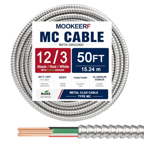 Image of MOOKEERF 12 /3 MC Cable with Ground - 50FT Pure Copper 12AWG /3 Metal Clad Wire with Aluminum Armor 12 Gauge 3 Conductor Type MC Alum Cable