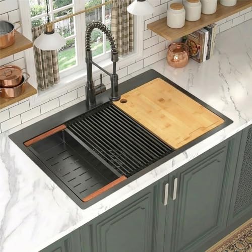 Image of 33 inch X 22 inch Drop In Kitchen Sink,16 Gauge Stainless Steel Black Kitchen Sink,Single Bowl Top Mount Workstation Kitchen Sinks (Black, 33 X 22 inch)