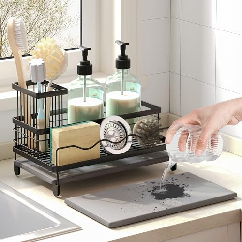 FapZox Sink Caddy, Kitchen Sink Organizer with Sponge Holder and Stone Drying Mat, Quick Drying, Stainless Steel Kitchen Caddy Organizer for Sponges, Brushes & Soap