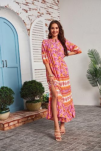 Image of Women Boho High-Waist Floral Print Maxi Dress 3 /4 Sleeve Casual | Soft Rayon, Breathable, Quick-Dry. High-Waist with Adjustable Belt, Flattering Hem. Ideal for Beach, Work & Dating.