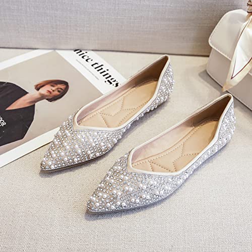 ANUFER Women's Elegant Pointed Toe Rhinestones Pearls Beaded Flat Pumps Shoes Lightweight Slip On Ballerinas3