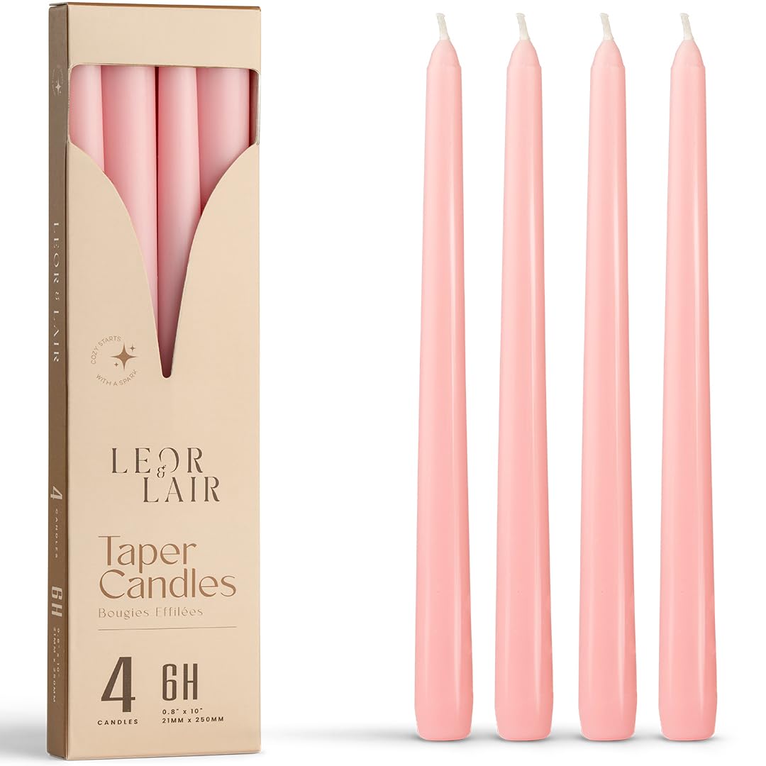 Leor & Lair Light Pink Taper Candles - 4 Pack 10" Pink Candlesticks - Unscented Blush Candles for Weddings, Mother’s Day, Baby Showers, Dinner Table &