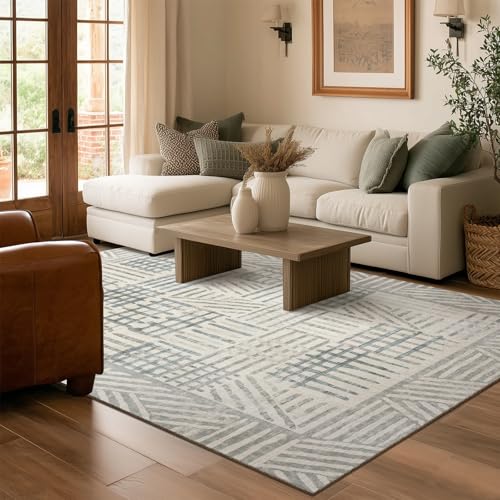 Image of Area Rug 5x7 Abstract Geometric Textured Brushstroke - Neutral Gray & Light Blue Modern Minimalist Area Rug, Decorative Carpet for Living Room Bedroom Home Decor
