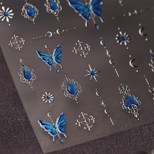 Butterfly Nail Stickers Decals 5D Embossed Blue Butterfly Heart Nail Art Stickers Silver Moon Star Nail Designs Adhesive Nail Decals Sticker Manicure for Women Girls DIY Nail Art Decorations