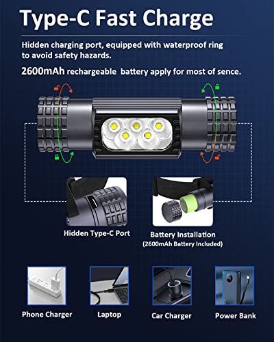 Aonjrs Headlamp Rechargeable, 1200Lm Led Head Lamp With Usb C Charge, 2600Mah Battery & 9 Modes Ip66 Waterproof Bright Flashlight For Adult Outdoor Running, Hiking & Outdoor Camping, Black #TOP3