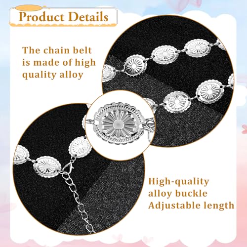 Western Belts for Women, Cowgirl Boho Concho Chain Waist Belt, Silver Adjustable Daisy Sweater Belt for Country Concert Dresses Jeans3