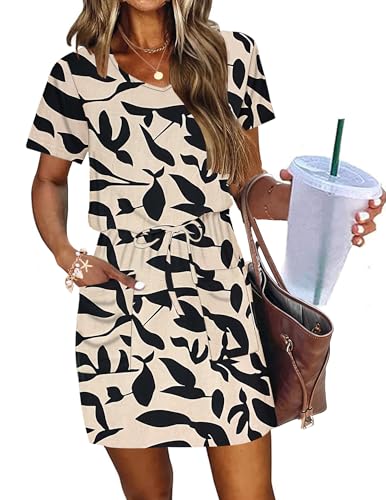 Image of AUSELILY Womens Summer Dresses 2026 Causal Short Sleeve V Neck Tie Front Mini Short Dress with Pockets