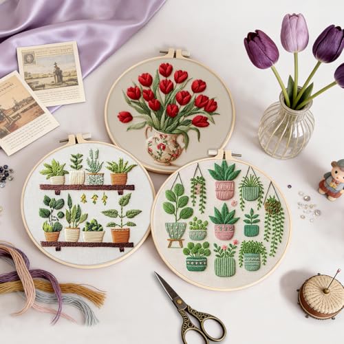 Image of 3 Pack Embroidery Kit for Adult Beginners, Needlepoint Cross Stitch Kits with Flower and Green Plant Stamped Patterns, Embroidery Hoop, Tools,Colorful Threads,Step by Step Instructions,DIY Starter Kit