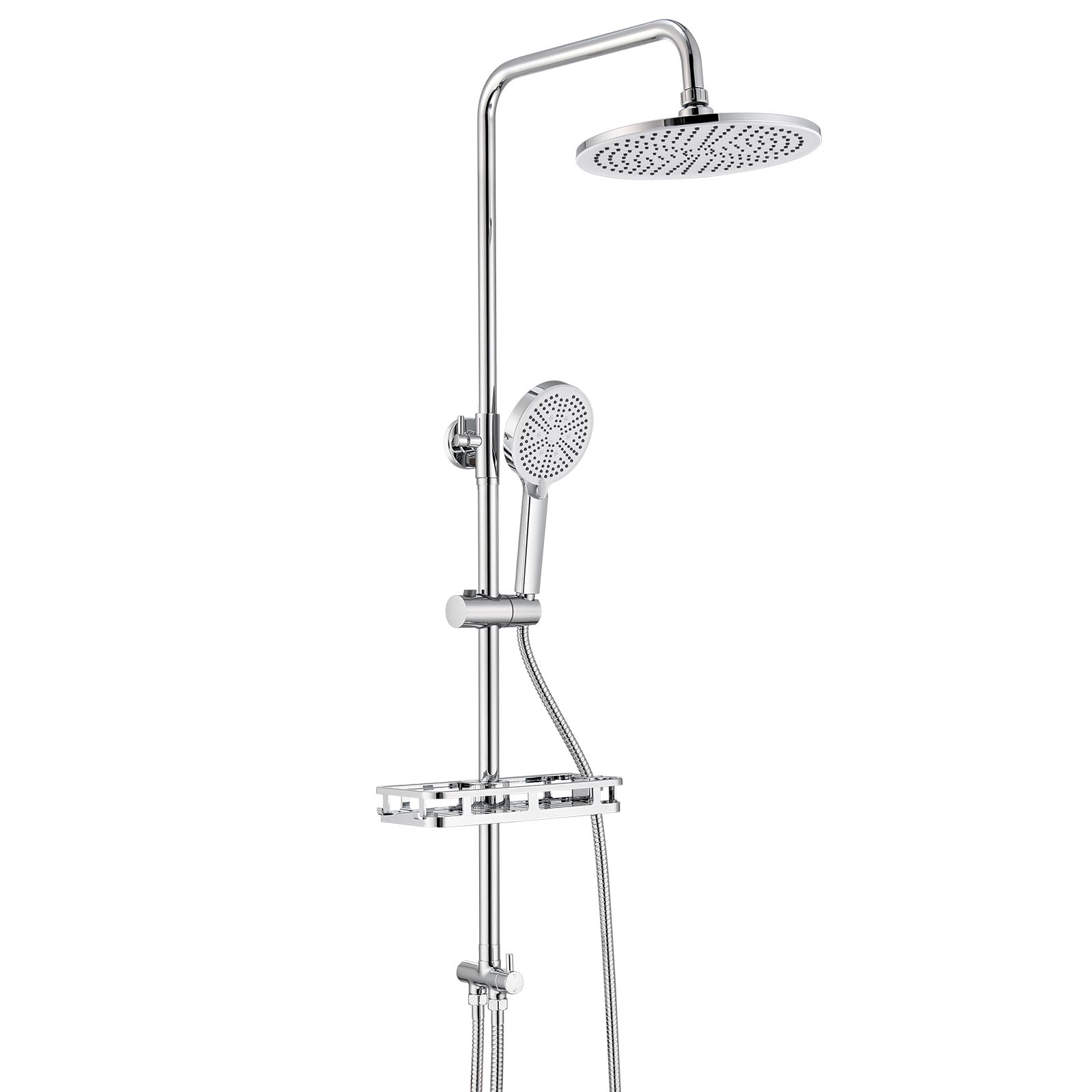 Auralum Colonna Doccia con Mensola Doccia e Soffione Doccia Rotonda 25cm, Colonna Doccia Senza Miscelatore Fori Muro Regolabili, Asta Doccia con Soffione e Doccetta Altezza Regolabile 72-110cm, Cromo