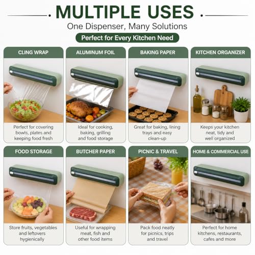 Image of VEEZAAS Wall Mounted Plastic Wrap Dispenser with Cutter, Refillable Cling Film Holder, Easy Slide Cut Foil & Wrap Organizer for Kitchen