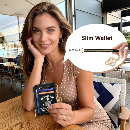 Image of GIANCOMICS Slim Wallet Credit Card Holder Women, Funny Skeleton Skull Rfid Blocking Small Card Case, Keychain Thin Pocket Curved Zipper Wallet, Travel Card Holder PU Leather, Ladies Female Gifts