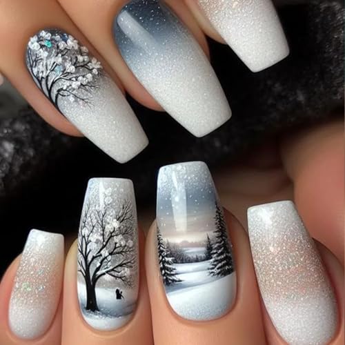 Winter Scenery Press on Nails Christmas Fake Nails Medium Square False Nails with Snowy Forest Design Glue on Nails Full Cover Acrylic Nail for Women