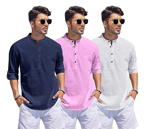 Image of Combo of Men Solid Cotton Blend Straight Kurta Shirt Pack of 3