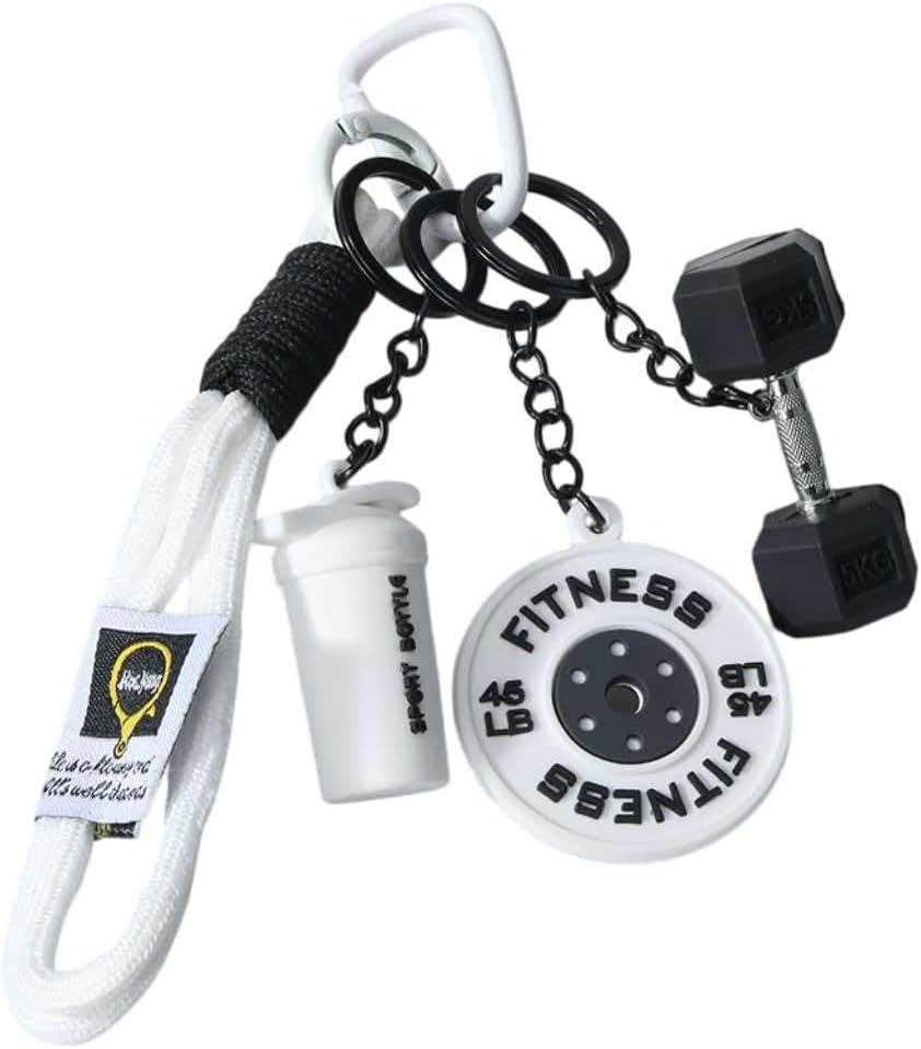 KIFEDSLJ Bottle and Dumbbell Keychain with Weight Plate Colorful Fitness Keyring for Women Men Bag Charms