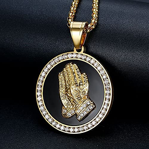 Hip Hop Iced Out Praying Hand Pendant With Mens Chain Gold Color Stainless Steel Cz Charm Round Necklace Jewelry Gift 50Cm #TOP1