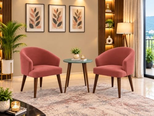 Image of DaneWood Wooden Upholstered Dining Chair Set of 2 | Accent Chair for Living /Drawing Room, Bedroom & Office | Upholstery Barrel Arm Chair with Velvet Fabric | Sheesham Wood Legs, Peach