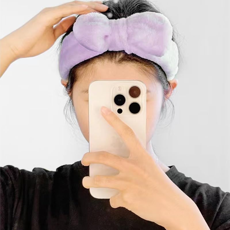 Bowknot Hair Bands for Skincare Headband and Wristband Set Washing Face Head Band Purple Makeup Hair Band and Wrist Band for Women Face Wash Arm Cuffs and Headband for Girls Skin Care Headbands 3Pcs - Image 2