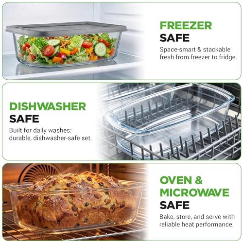 Image of NutriChef 6 Piece Glass Loaf Pans for Baking Bread - 7.6 Cups Stackable Glass Bread Loaf Pan - 3 loaf Pan with 3 Lids - Oven & Microwave Safe, Dishwasher Safe - Clear