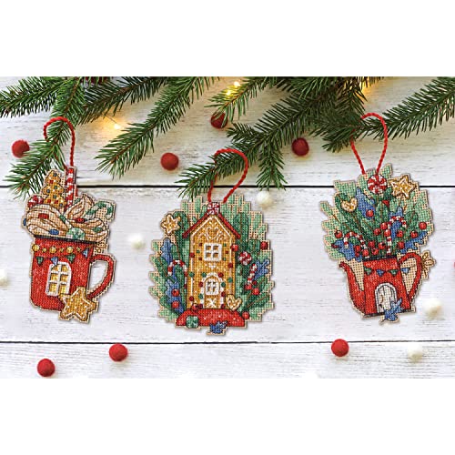 Image of Dimensions 70-09607 Sweets and Treats Ornaments Christmas Counted Cross Stitch Kit, 4.5 inch H, Multicolor, Set of 3