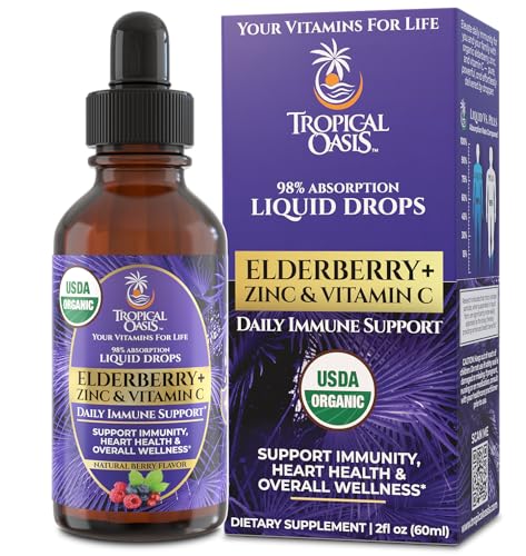 Tropical Oasis USDA Organic Elderberry Liquid Drops with Vitamin C & Zinc | Immune Support for Adults & Kids | Antioxidant | Sugar Free | Vegan | Non-GMO | 2 Fl Oz
