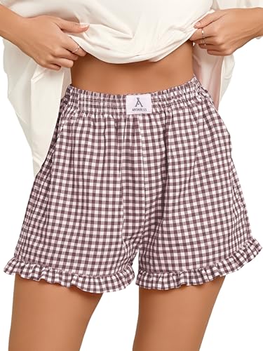 ANRABESS Boxer Shorts for Women Gingham Plaid Elastic Waist Ruffle Perfect for Lounge Pajama&Sleep Cute Casual Summer Bottoms Brown White Plaid Medium