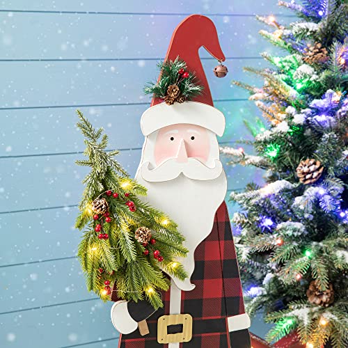 Image of Glitzhome 36 inch H Lighted Wooden Christmas Santa Porch Sign Standing Porch Decor Rustic Merry Christmas Welcome Sign Holiday Party Outdoor Indoor Xmas Decorations