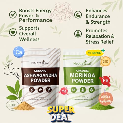 Image of NeutraLeaf Organic Moringa Powder 200g + Ashwagandha Powder 200g Combo | Energy, Stamina & Stress Support | 100% Natural Superfoods, Rich in Vitamins & Minerals