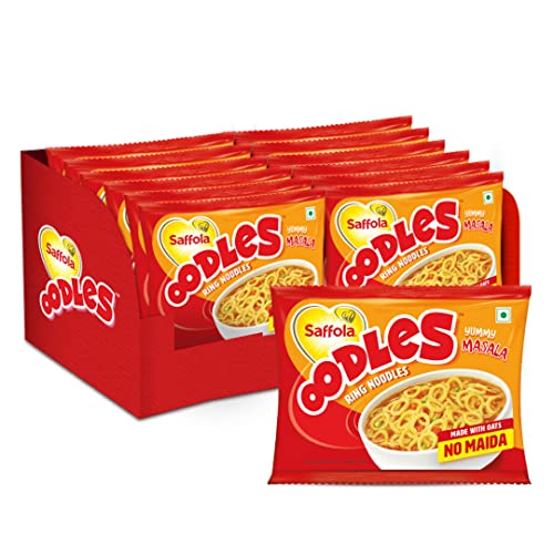 Image of Saffola Oodles, Instant Noodles, Ring Shape, Yummy Masala Flavour, No Maida, Whole Grain Oats, 12 x 53g & Saffola Peanut Butter with jaggery, No Refined Sugar, Creamy, 23.4g Protein, 350g Jar
